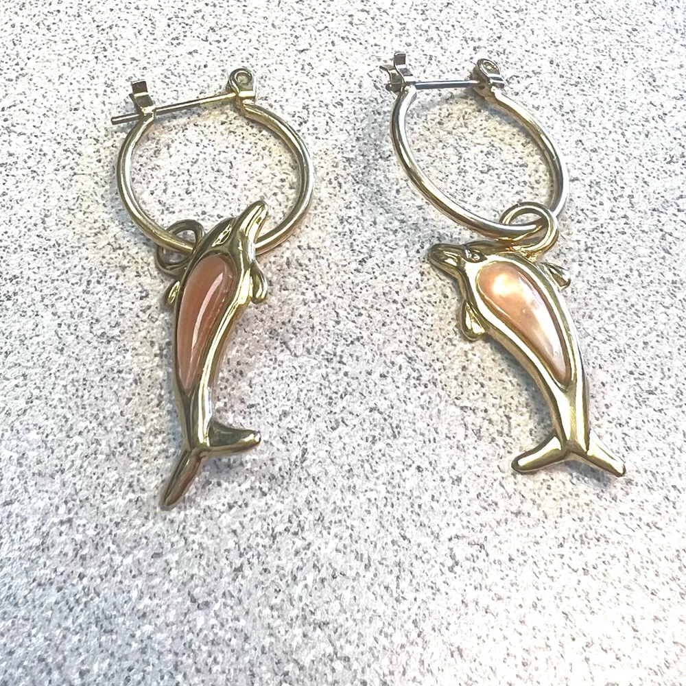 Gold Dolphin Hoop Dangling Earrings
